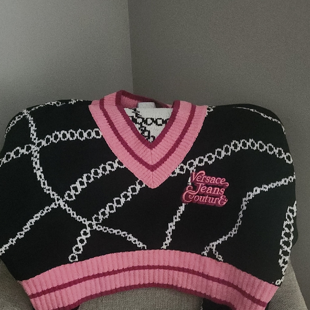 Versace Jeans Collection Black and Pink V-Neck Sweater